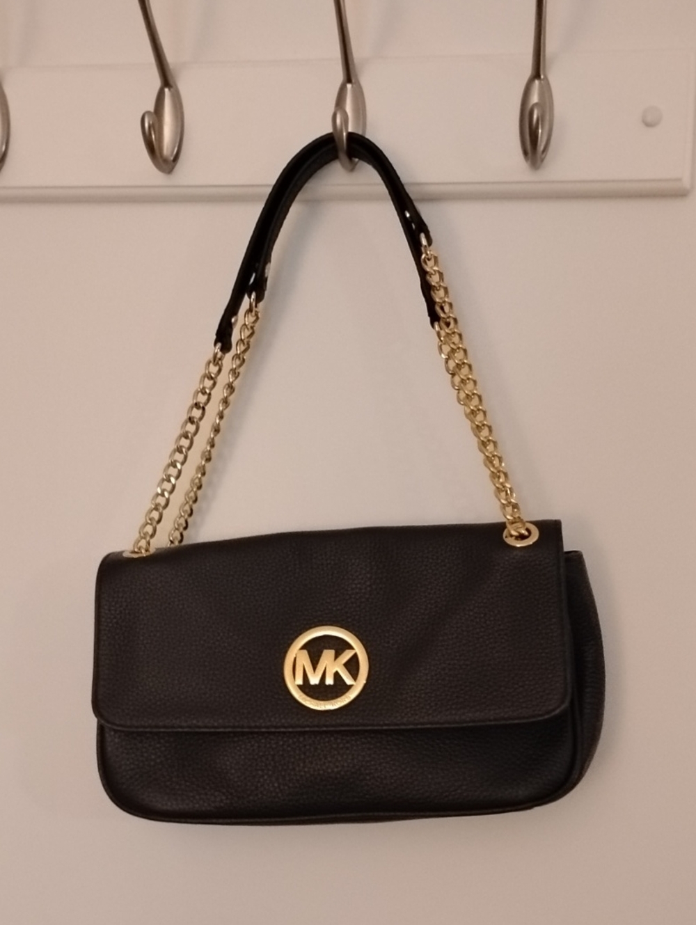 Michael Kors Black Pebbled Leather Shoulder Bag with Gold Chain Accents
